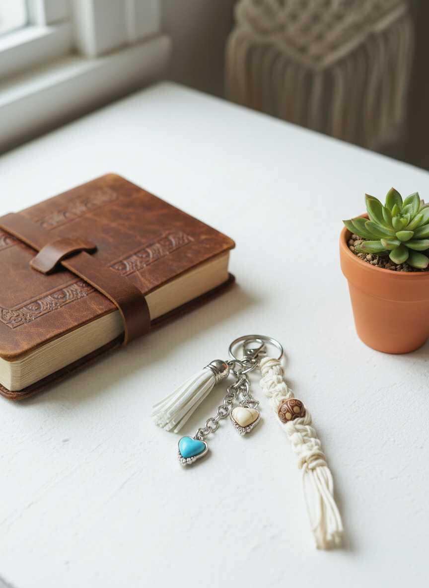 Handmade Hemp Mini Keychain with Tassel & Charms | Boho Eco-Friendly Bag Charm