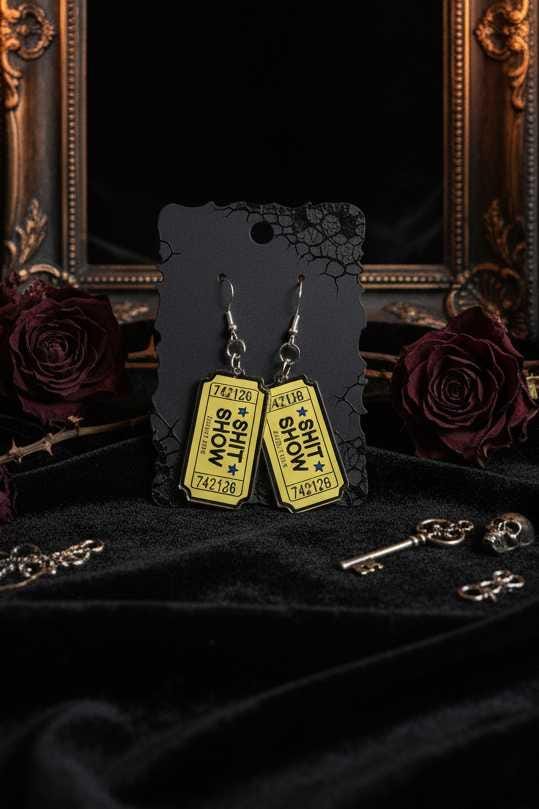 Black & Yellow Sh*t Show Ticket Earrings | Funny Acrylic Statement Dangles