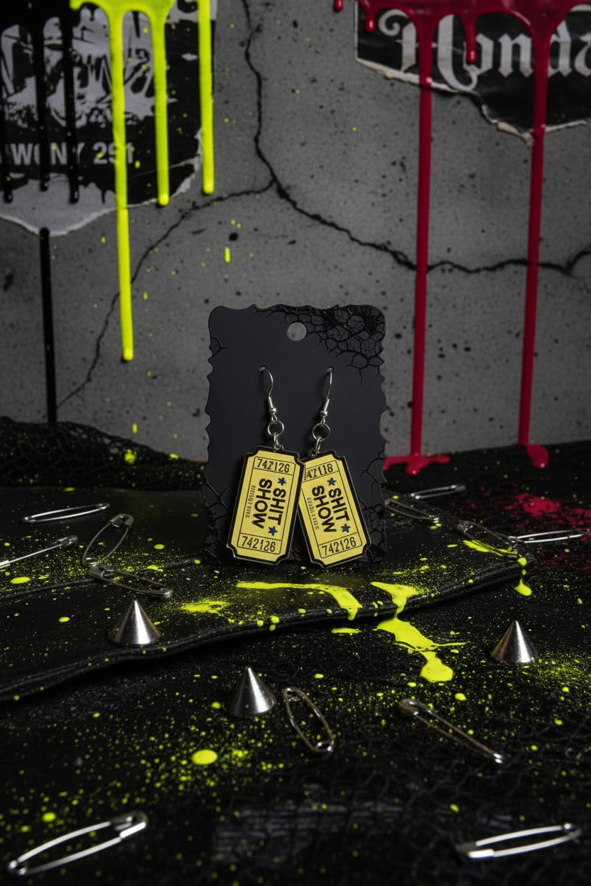 Black & Yellow Sh*t Show Ticket Earrings | Funny Acrylic Statement Dangles