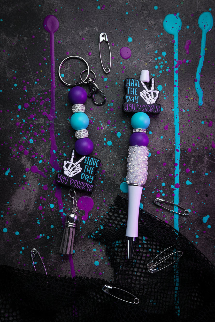 Purple and Blue Beaded Pen & Keychain Gift Set