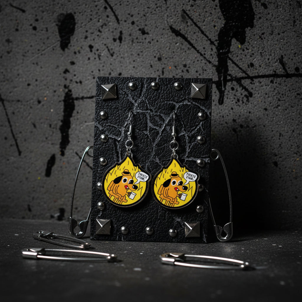 Yellow and Black This Is Fine Dangle Earrings | Funny Meme Accessory| Dumpster Fire Gift