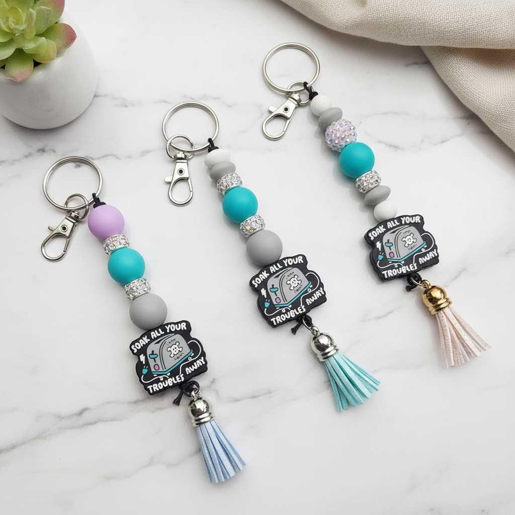 Gray Purple and blue Toaster Soak All Your Troubles Away Beaded Keychain