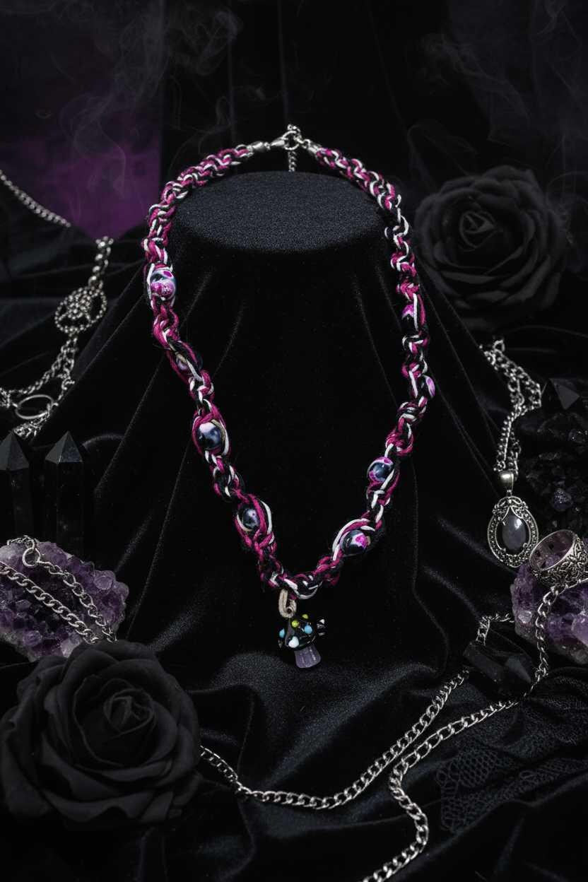 Handmade Hemp Necklace: Black Glass Mushroom Bead