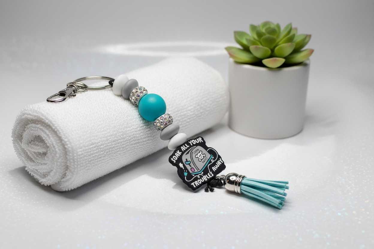 Gray Purple and blue Toaster Soak All Your Troubles Away Beaded Keychain