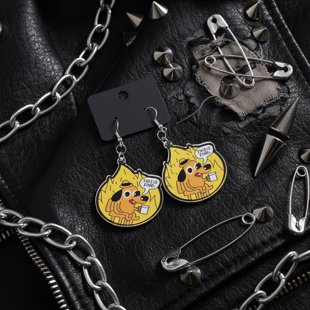 Yellow and Black This Is Fine Dangle Earrings | Funny Meme Accessory| Dumpster Fire Gift