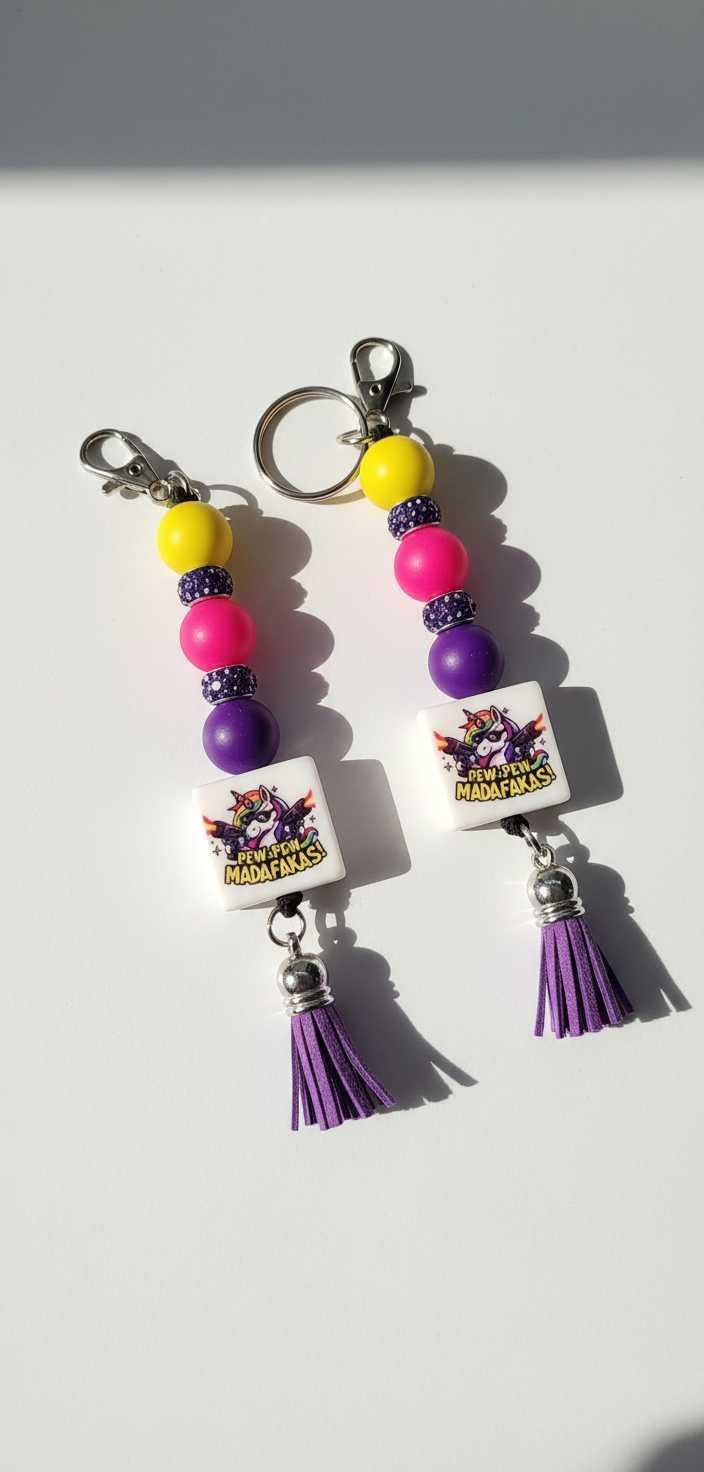 Pew Madafacka Unicorn Keychain – Funny Magical Beaded Charm with Savage Attitude