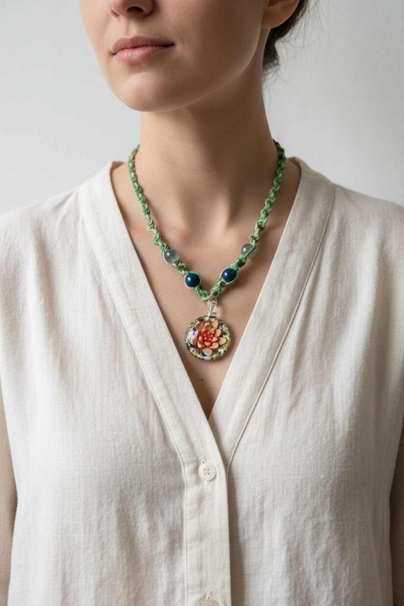 Person wearing a green beaded necklace with a floral pendant on a plain background