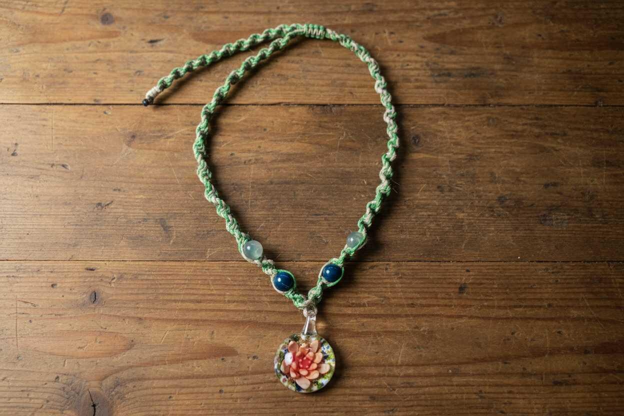 Necklace with a floral pendant on a wooden surface