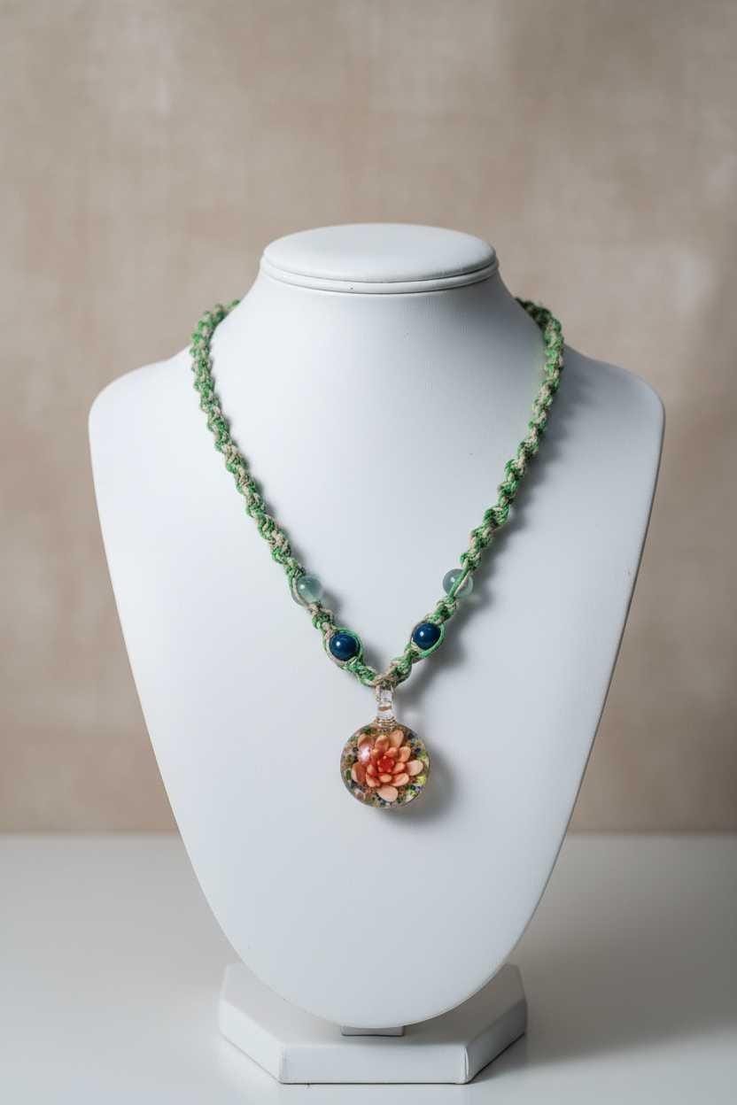 Green beaded necklace with a colorful pendant on a white mannequin bust against a beige background