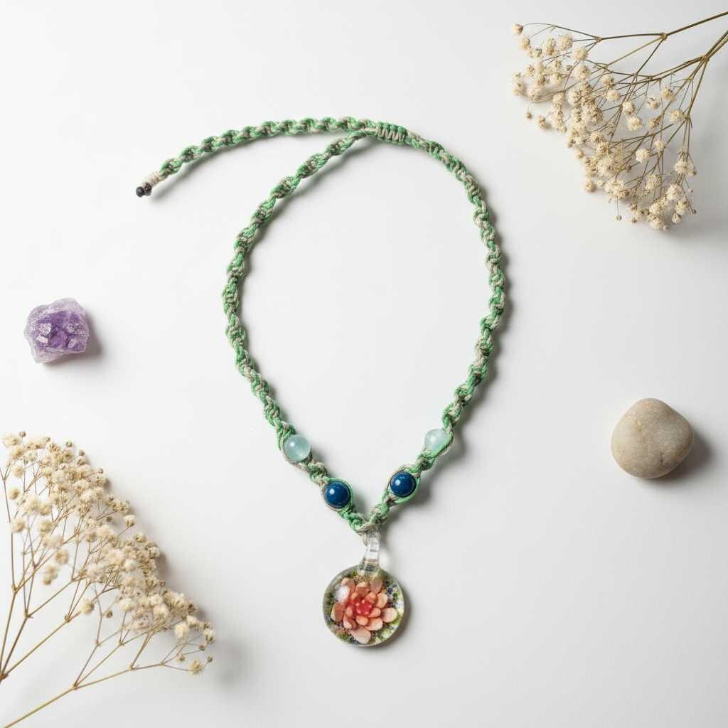 Green macrame necklace with floral pendant on a white background