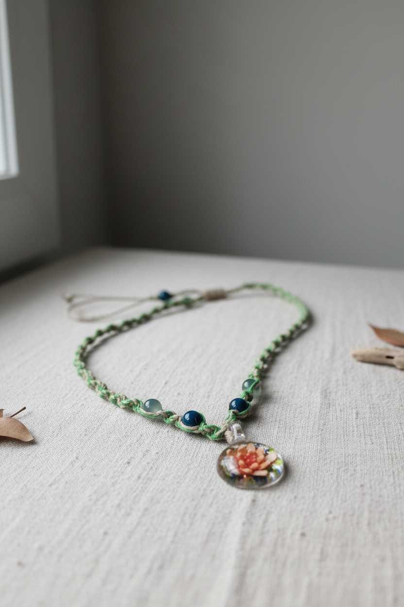 Necklace with a floral pendant on a textured surface