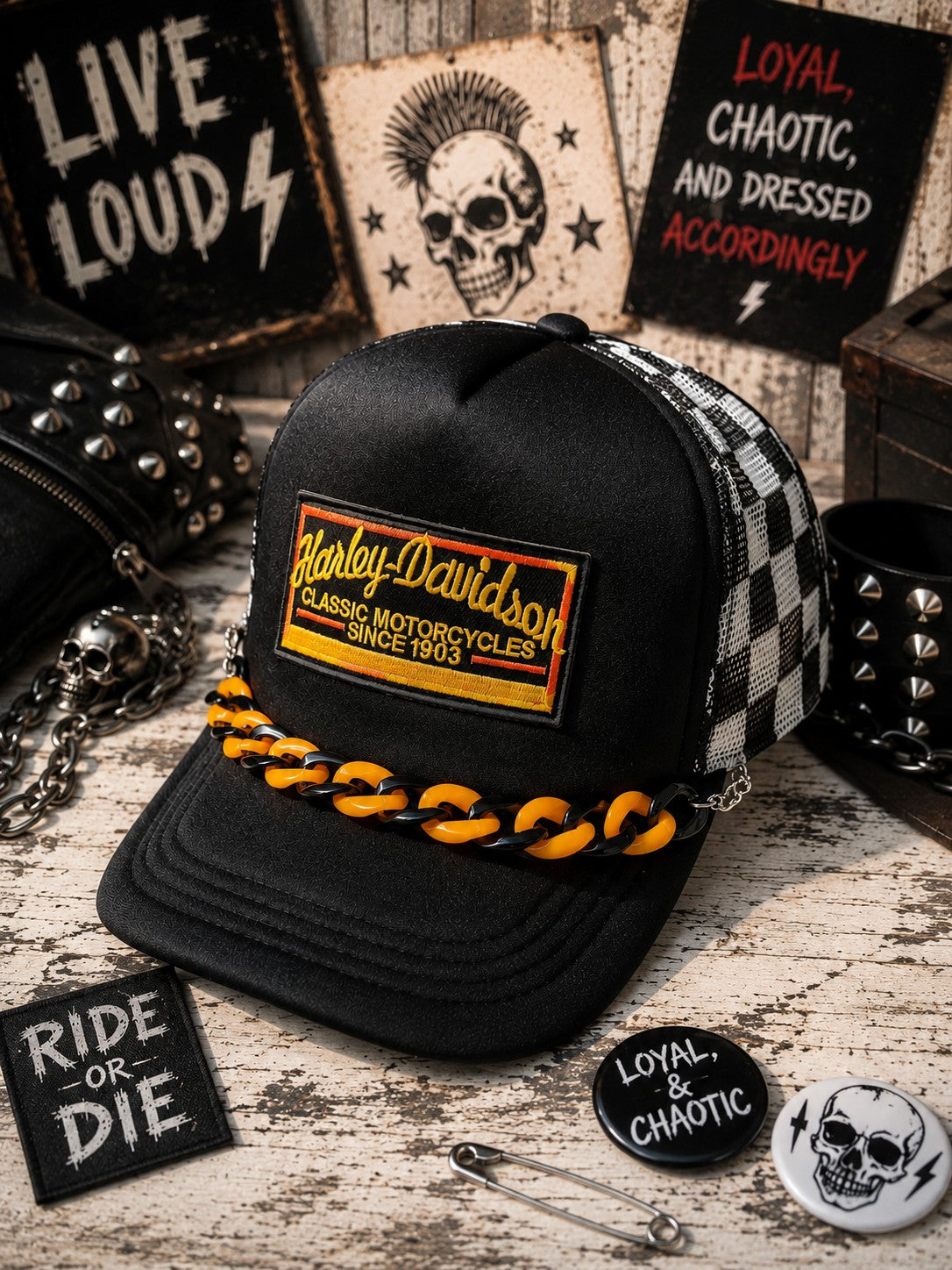 Hempin Mayhem black trucker hat with checkered mesh back, orange and black chain detail, and motorcycle patch.