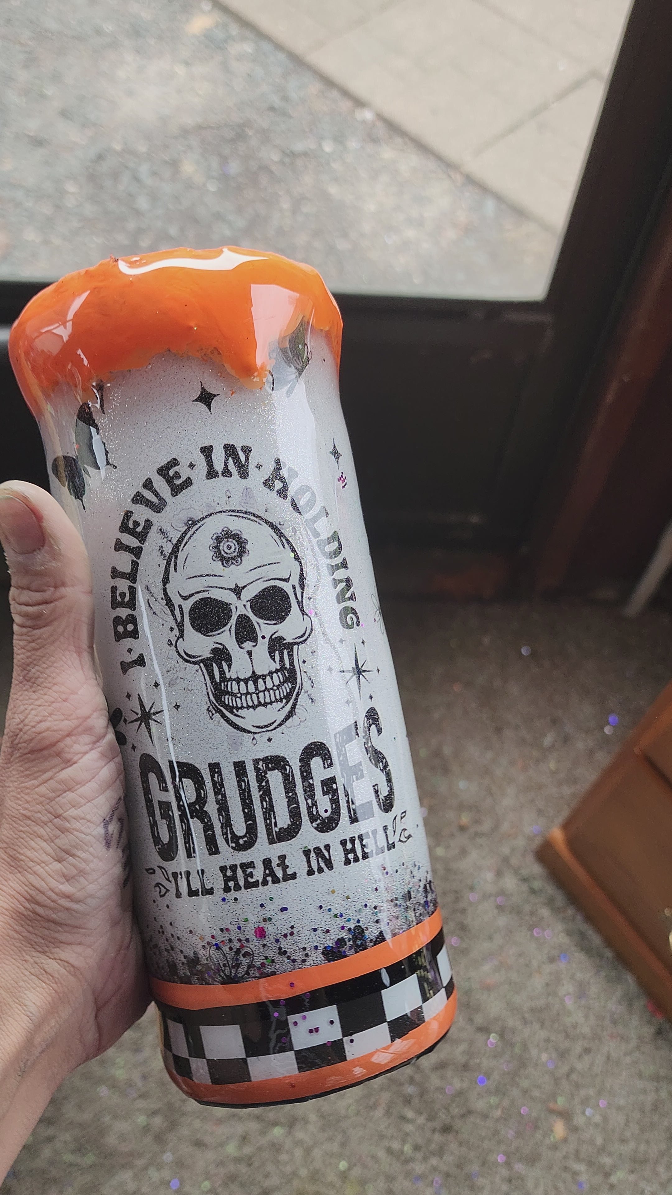 I Believe in Holding Grudges Tumbler 20oz – Heal in Hell Cup, Silver Glitter Epoxy Tumbler, Orange Drip, Funny Sarcastic Gift