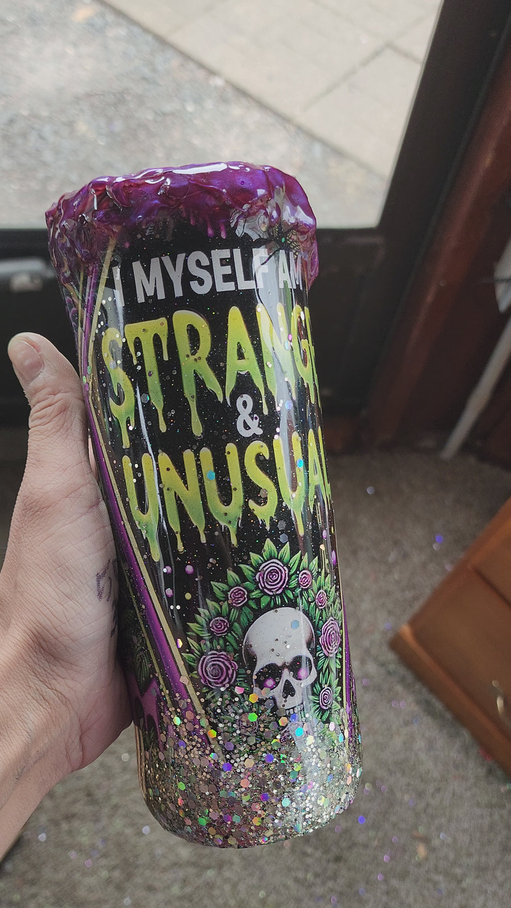 Strange & Unusual 20oz Stainless Steel Epoxy Tumbler | Purple Drip Glitter Cup | Gothic Aesthetic Coffee Tumbler | Handmade Spooky Gift