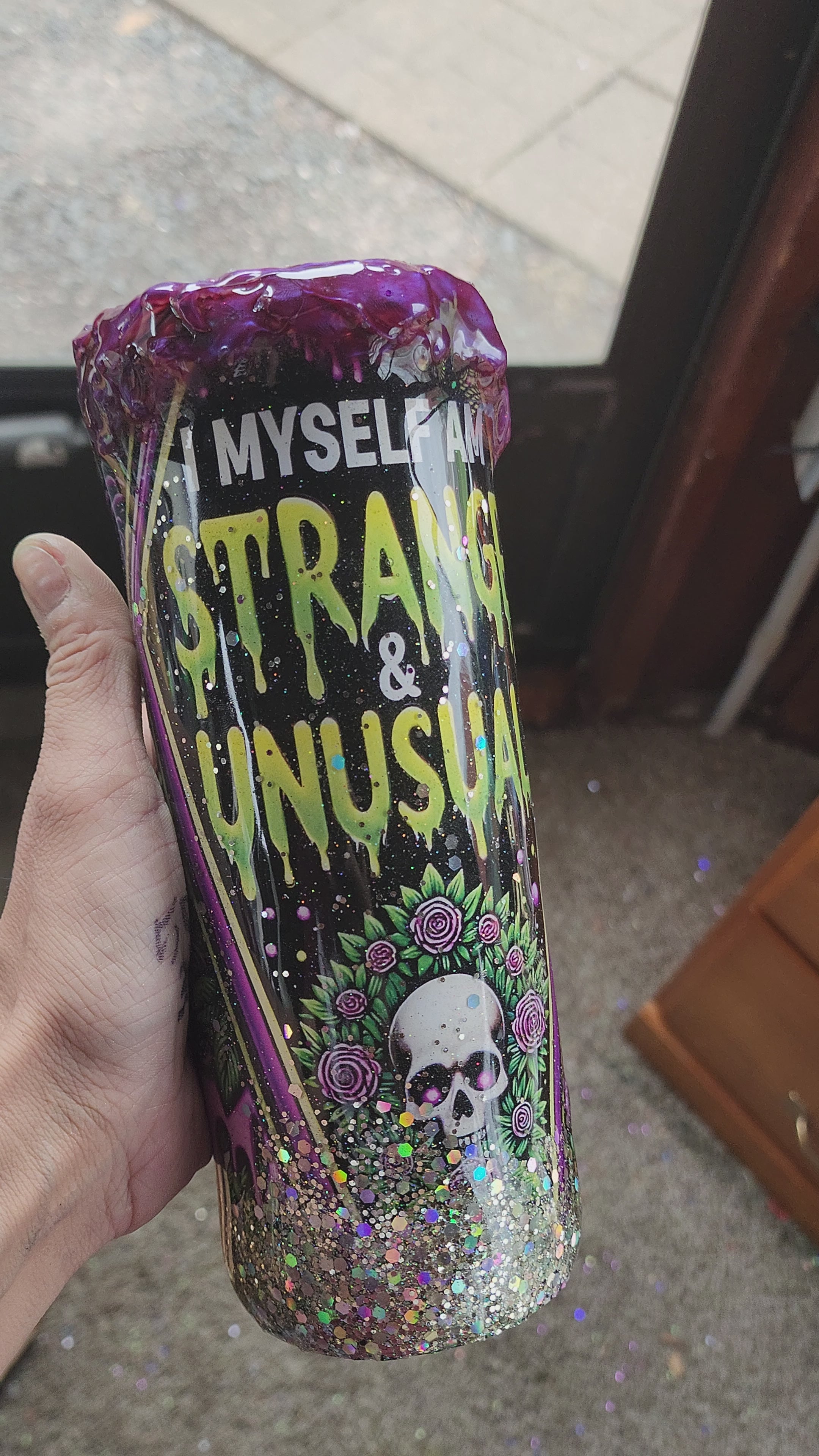 Strange & Unusual 20oz Stainless Steel Epoxy Tumbler | Purple Drip Glitter Cup | Gothic Aesthetic Coffee Tumbler | Handmade Spooky Gift