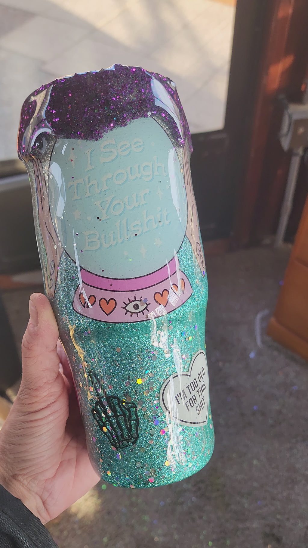 Too Old for This Tumbler 20oz – Turquoise Glitter Purple Drip Epoxy Cup, Funny Sarcastic Stainless Steel Coffee Tumbler