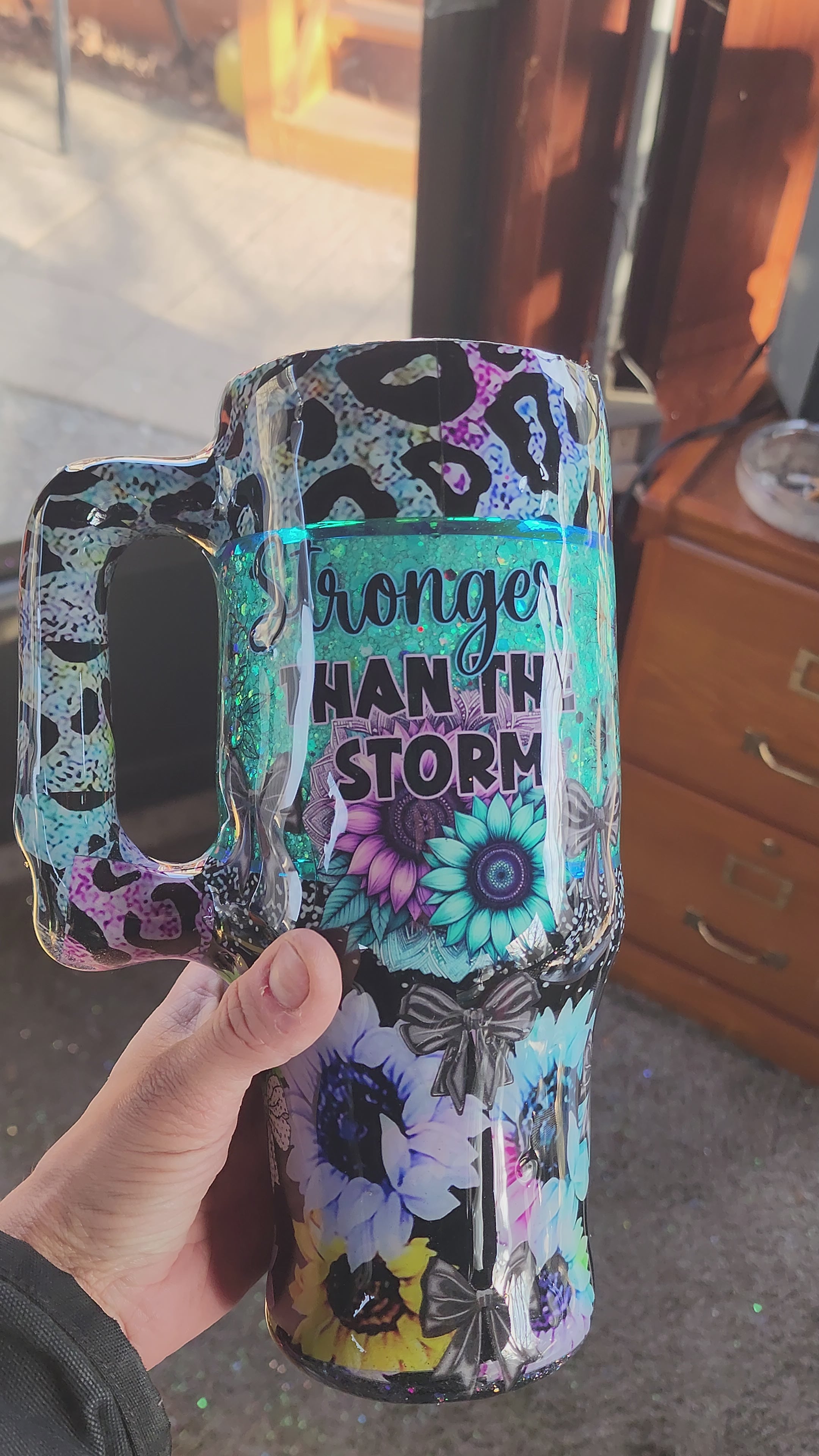 Stronger Than the Storm 40oz Sunflower Tumbler – Turquoise Glitter Epoxy Cup, Inspirational Stainless Steel Handle Tumbler
