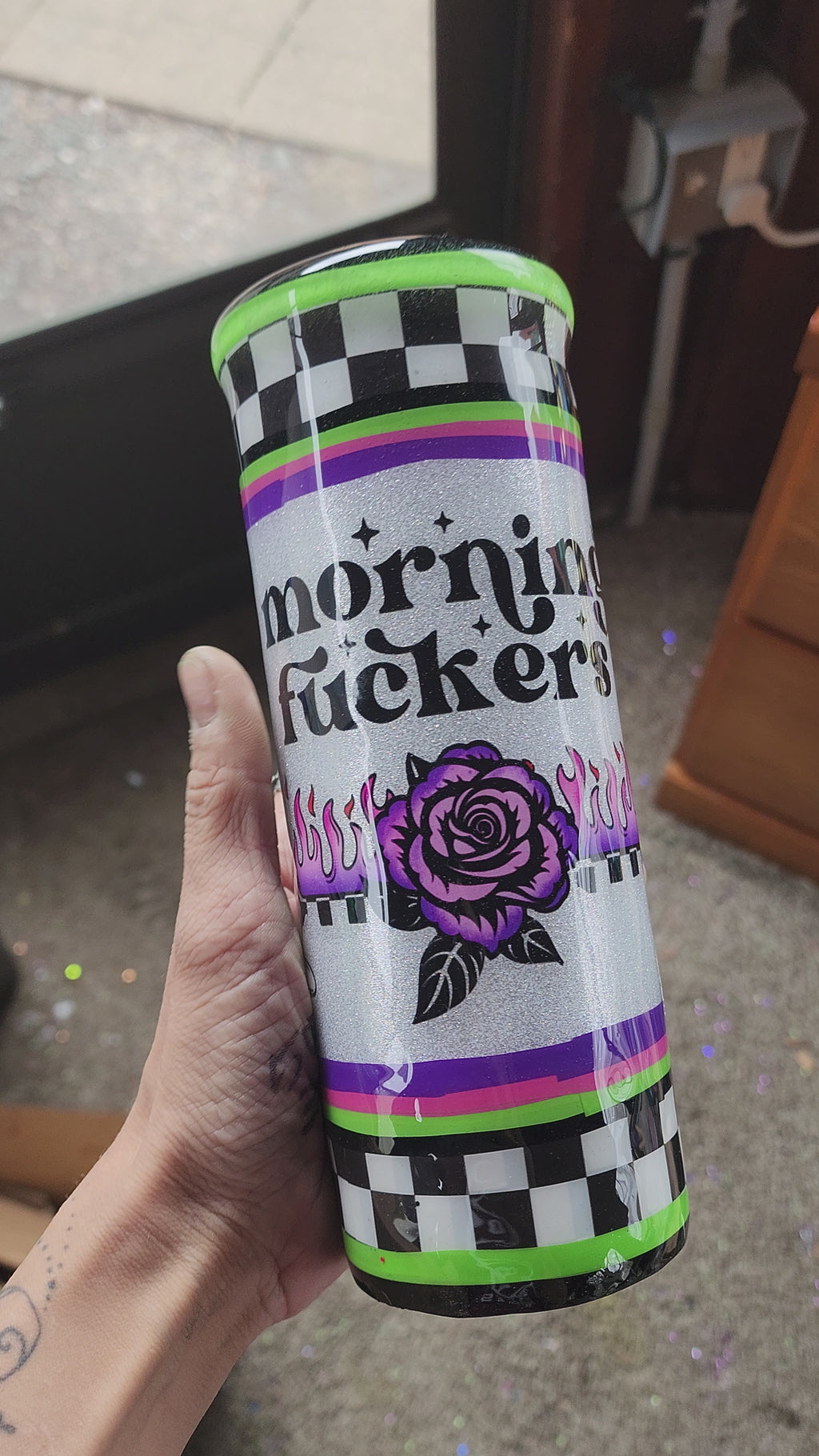Morning Vibes Checkered Tumbler 20oz Stainless Steel Epoxy Cup, Green Purple Black Silver Glitter Coffee Cup, Funny Sassy Drinkware