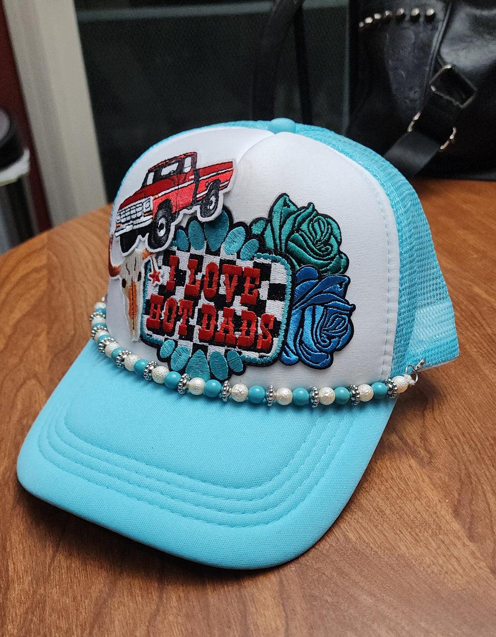 I Love Hot Dads Trucker Hat – Blue & White Western Style Snapback, Funny Patch Hat, Trendy Cowgirl Trucker Cap