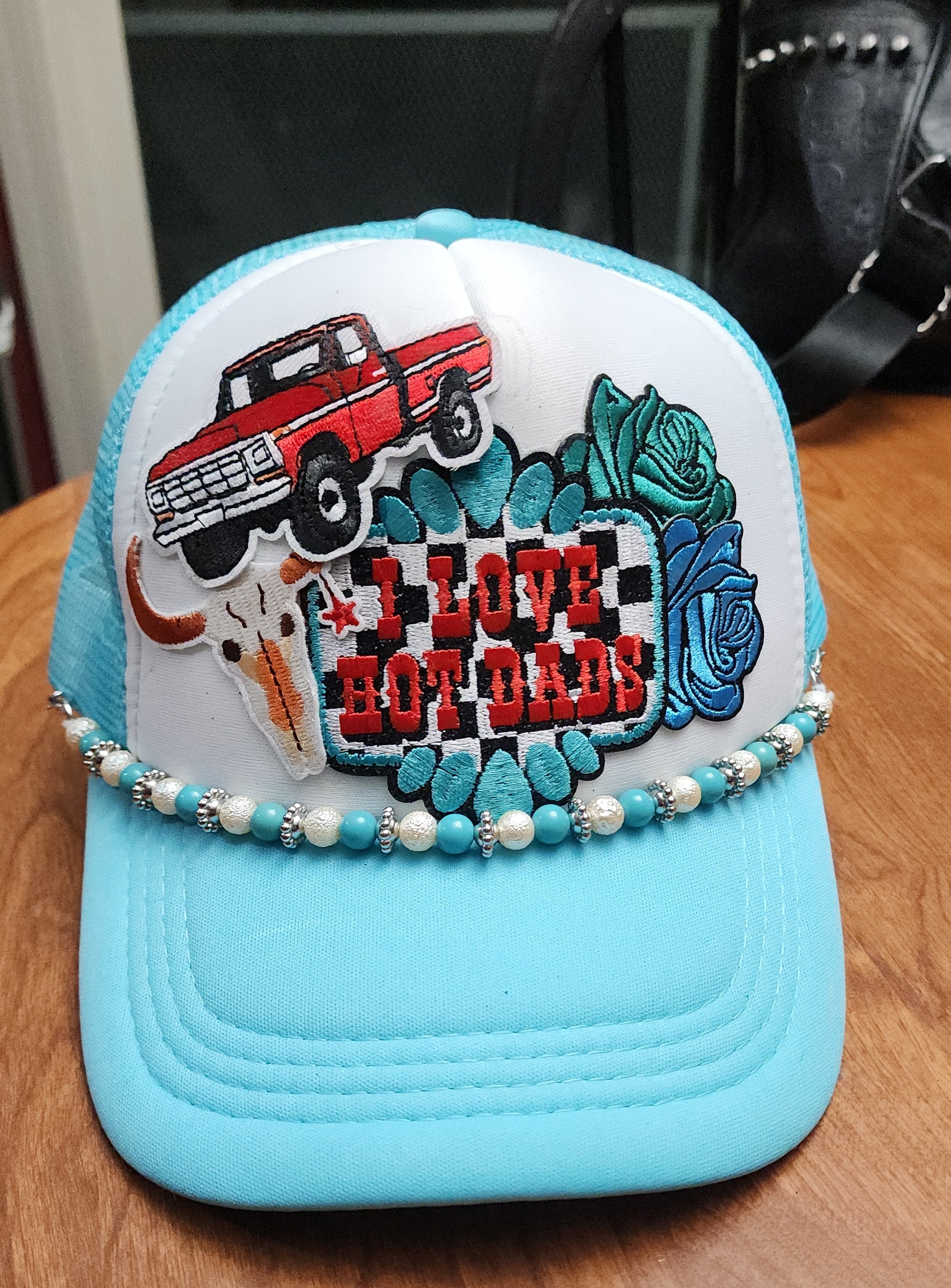 I Love Hot Dads Trucker Hat – Blue & White Western Style Snapback, Funny Patch Hat, Trendy Cowgirl Trucker Cap