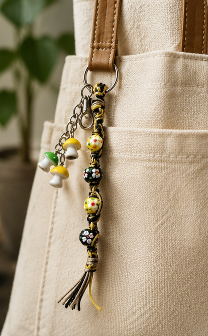 Mushroom Hemp Keychain | Boho Flower Beaded Keychain | Cottagecore Bag Charm | Handmade Glass Bead Keyring | Nature Lover Gift