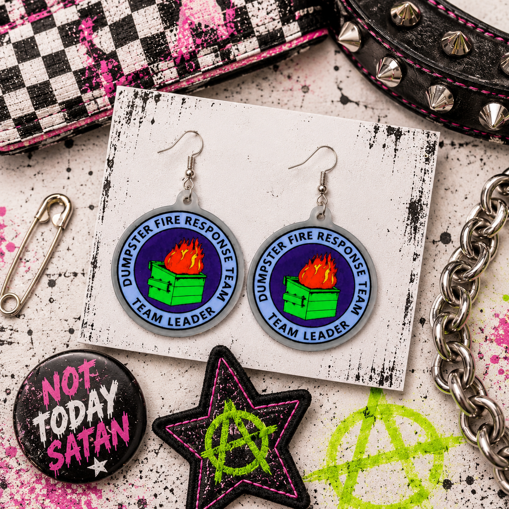 Dumpster Fire Response Team Earrings | Funny Dumpster Fire Dangle Earrings | Handmade Acrylic Statement Jewelry