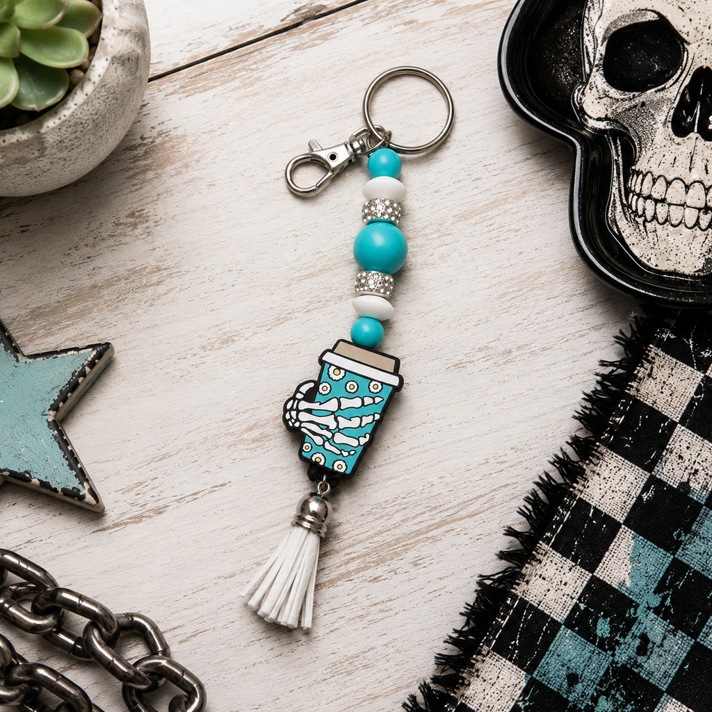 Turquoise & White Skull Hand Coffee Mug Keychain | Handmade Gothic Beaded Keychain | Spooky Coffee Lover Gift | Halloween Bag Charm | Alternative Accessory
