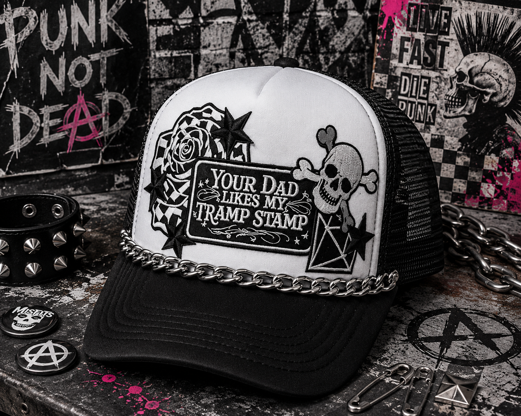Your Dad Likes My Tramp Stamp Black and White Checkered Trucker Hat | Funny Snapback Hat | Retro Mesh Cap | Sarcastic Gift for Her