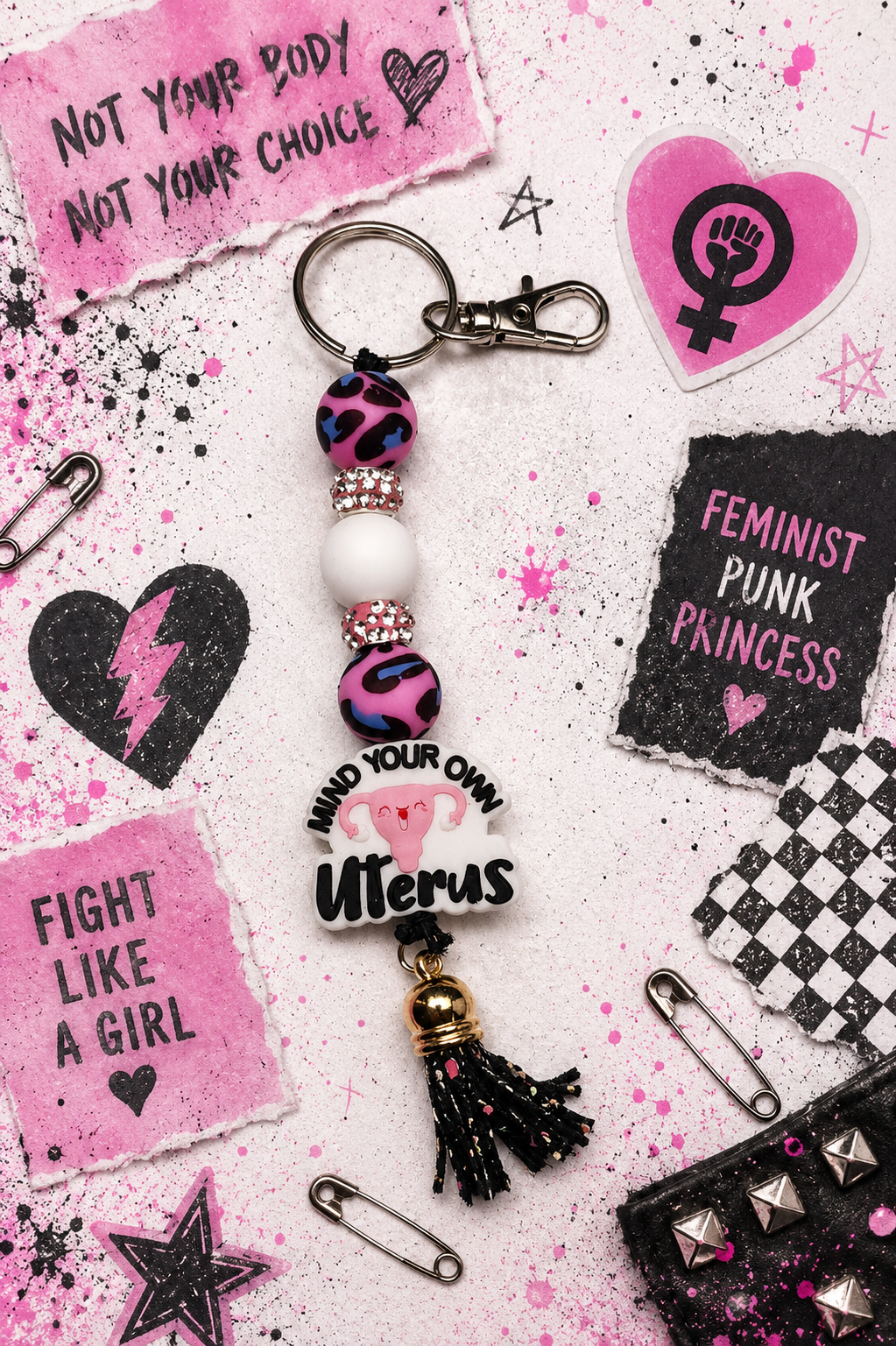 Mind Your Own Uterus Pink & White Beaded Keychain | Feminist Gift | Body Autonomy Accessory | Handmade Statement Keychain