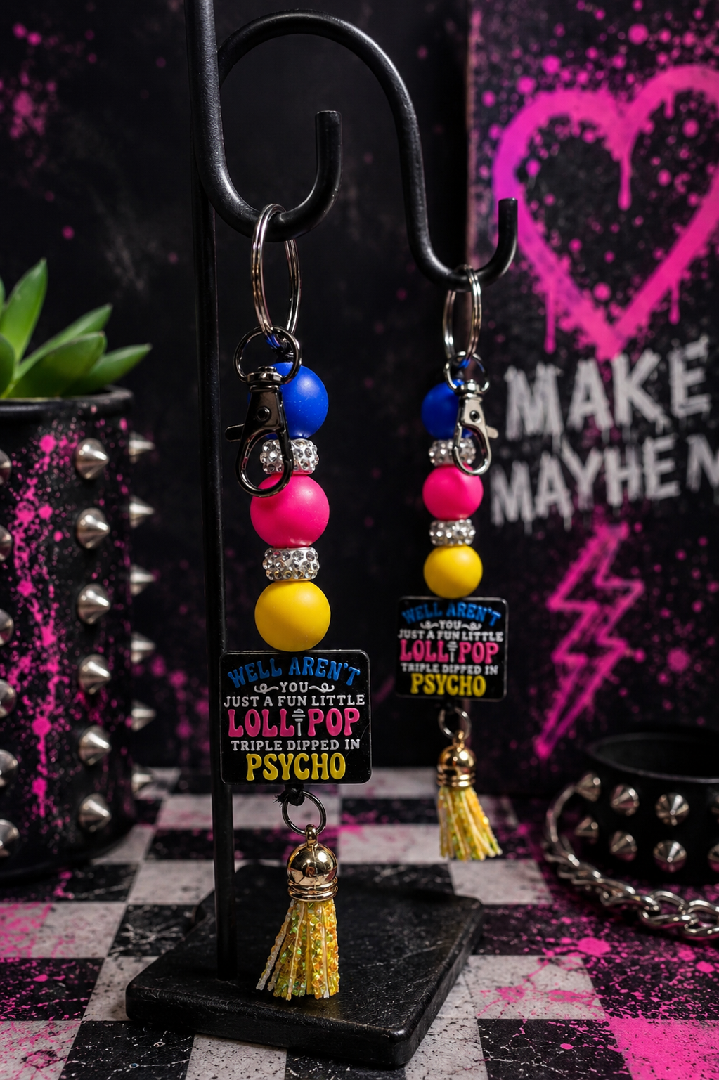Funny Psycho Lollipop Beaded Keychain | Blue Pink Yellow Handmade Silicone Bead Keychain | Sarcastic Gift for Friends & Coworkers