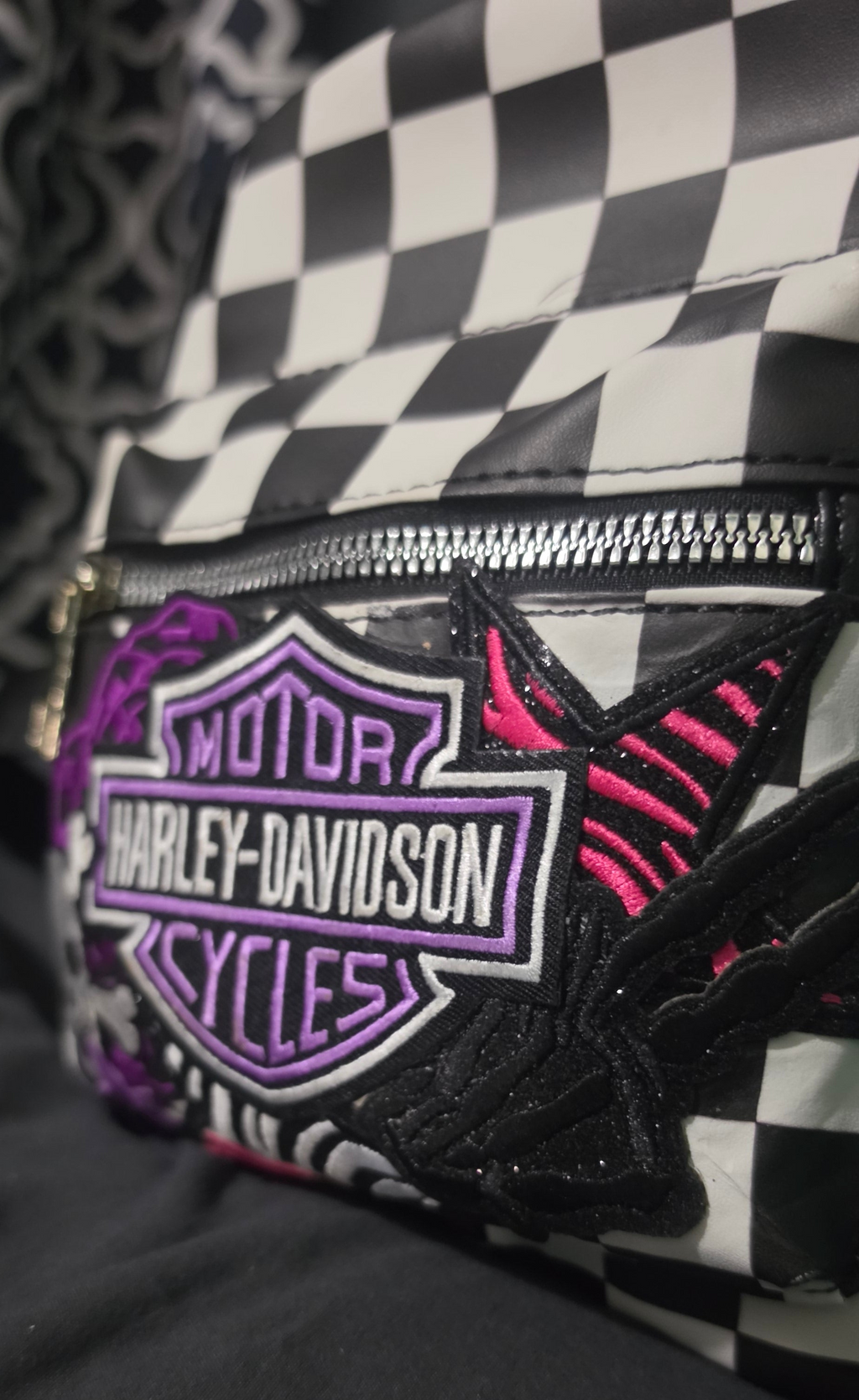 Black & White Checkered Mini Backpack Purse with Purple Embroidered Patch | Punk Rock Backpack | Alternative Style Backpack Purse | Handmade Statement Bag