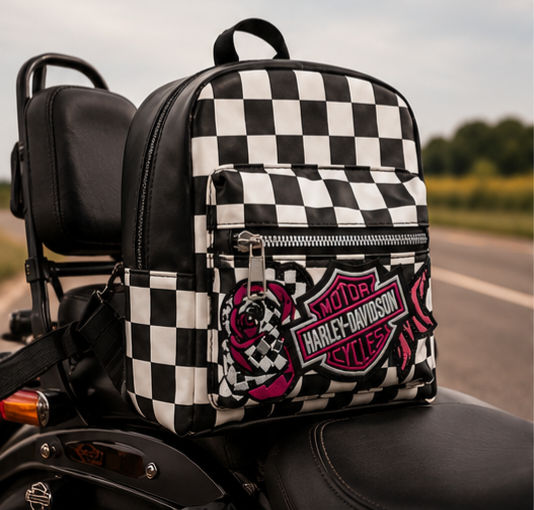 Pink Embroidered Patch Checkered Backpack Purse | Black & White Checkerboard Mini Backpack | Biker-Inspired Bag | Punk Rock Backpack Purse | Alternative Fashion Bag
