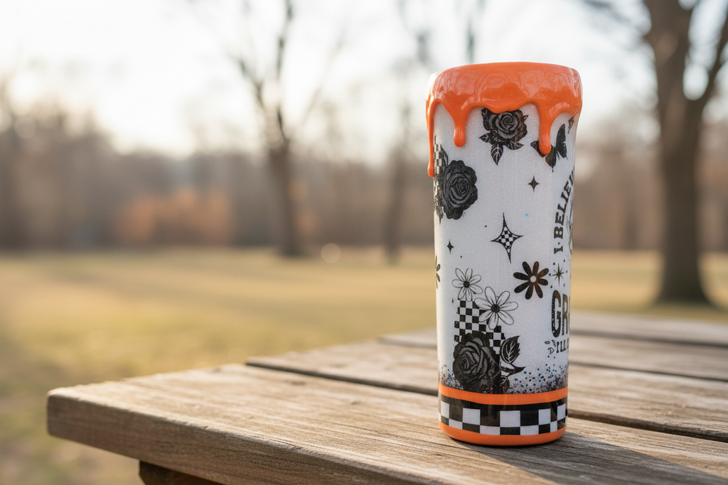 I Believe in Holding Grudges Tumbler 20oz – Heal in Hell Cup, Silver Glitter Epoxy Tumbler, Orange Drip, Funny Sarcastic Gift