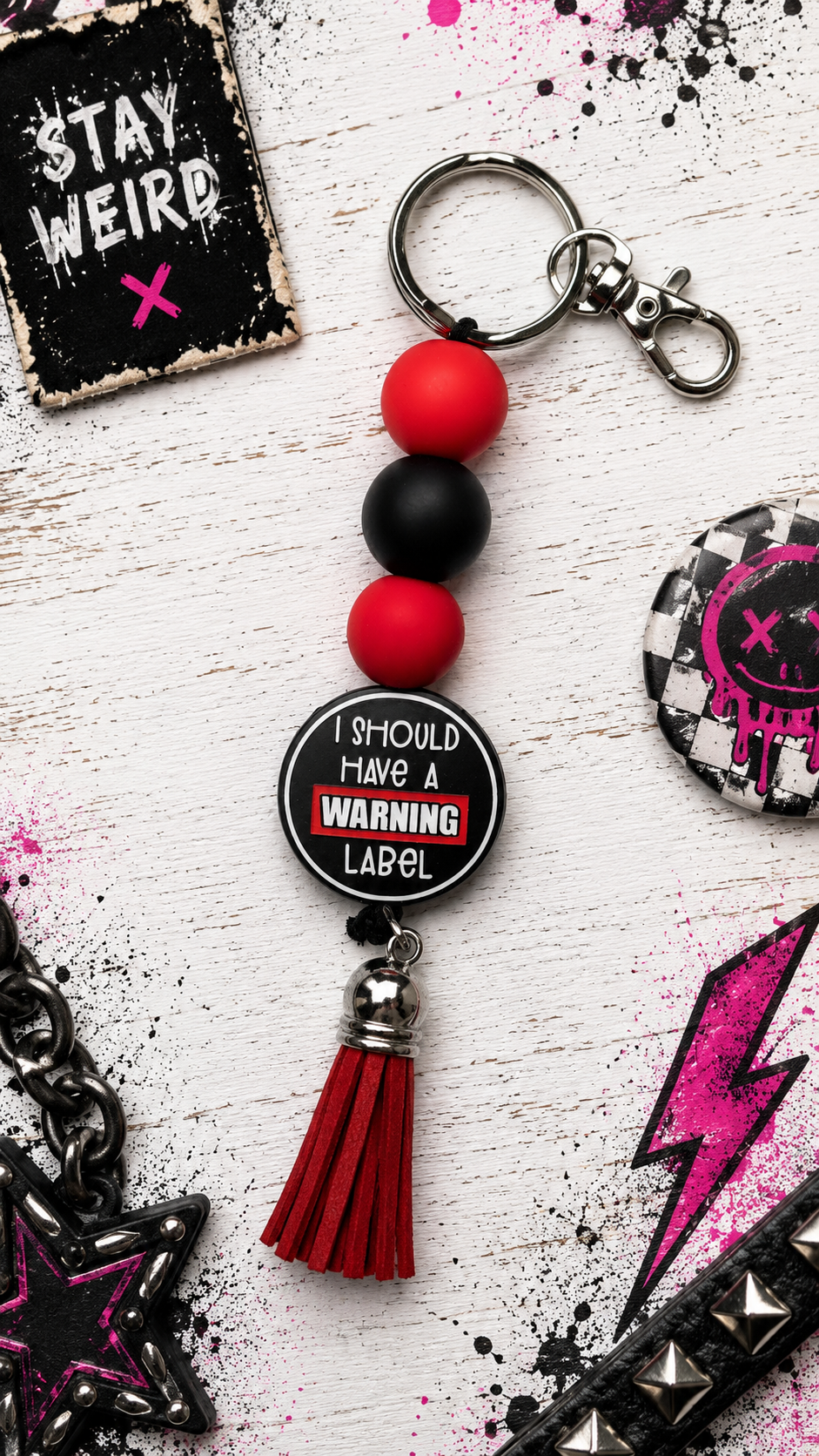 Should Have a Warning Label Beaded Keychain | Funny Keychain | Snarky Gift | Handmade Tassel Keychain | Bag Charm | Purse Accessory