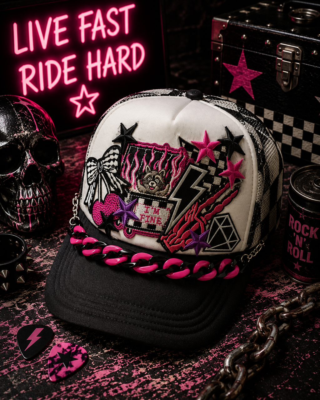 I’m Fine Raccoon Trucker Hat – Black & White Checkered Snapback, Funny Emo Streetwear Cap, Gothic Grunge Alternative Hat