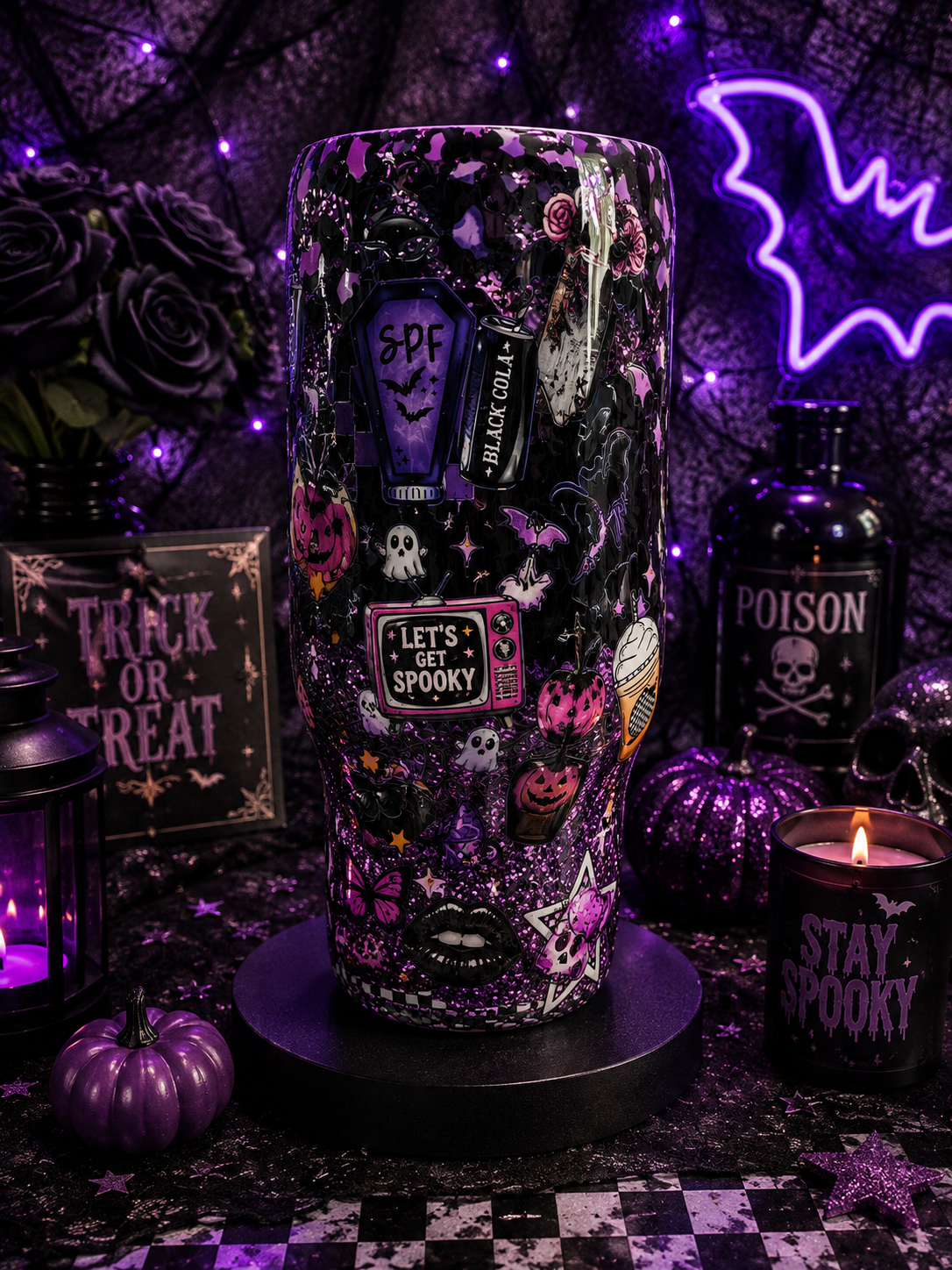 Spooky Summer 40oz Epoxy Tumbler with Handle – Purple & Black Halloween Glitter Cup