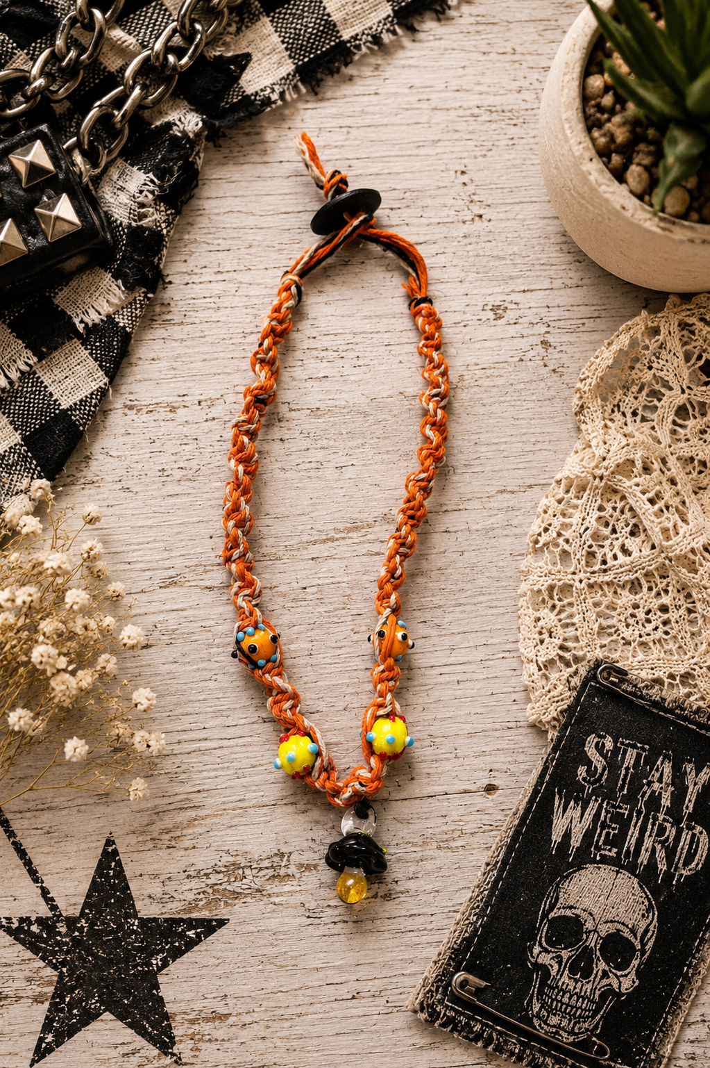 Handmade Orange Hemp Necklace with Glass Mushroom Pendant | Boho Hemp Cord Necklace | Cottagecore Jewelry | Nature Lover Gift | Festival Necklace