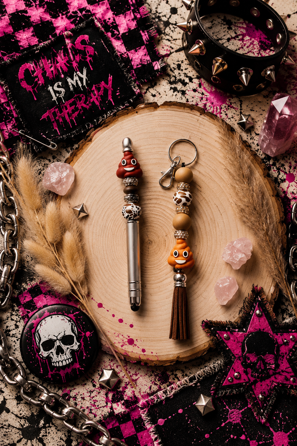 Funny Poop Emoji Gift Set | Handmade Beaded Keychain, Pen & Sticker | Hempin Mayhem