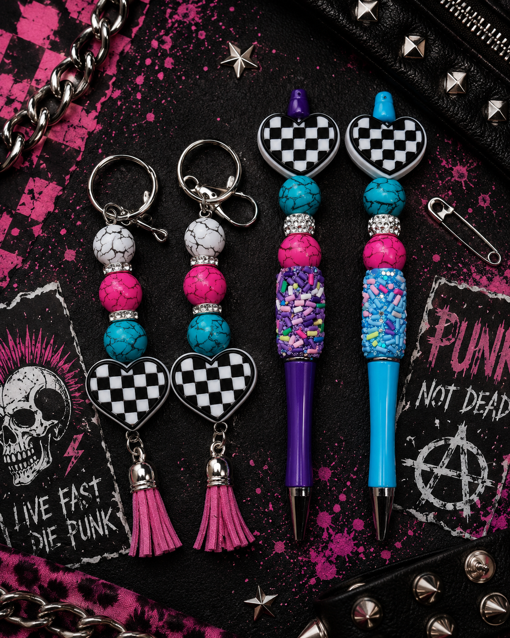 Checkered Heart Gift Set | Handmade Beaded Pen, Hemp Keychain, Vinyl Sticker Bundle | Cute Alternative Gift for Teens, Best Friend & Teacher