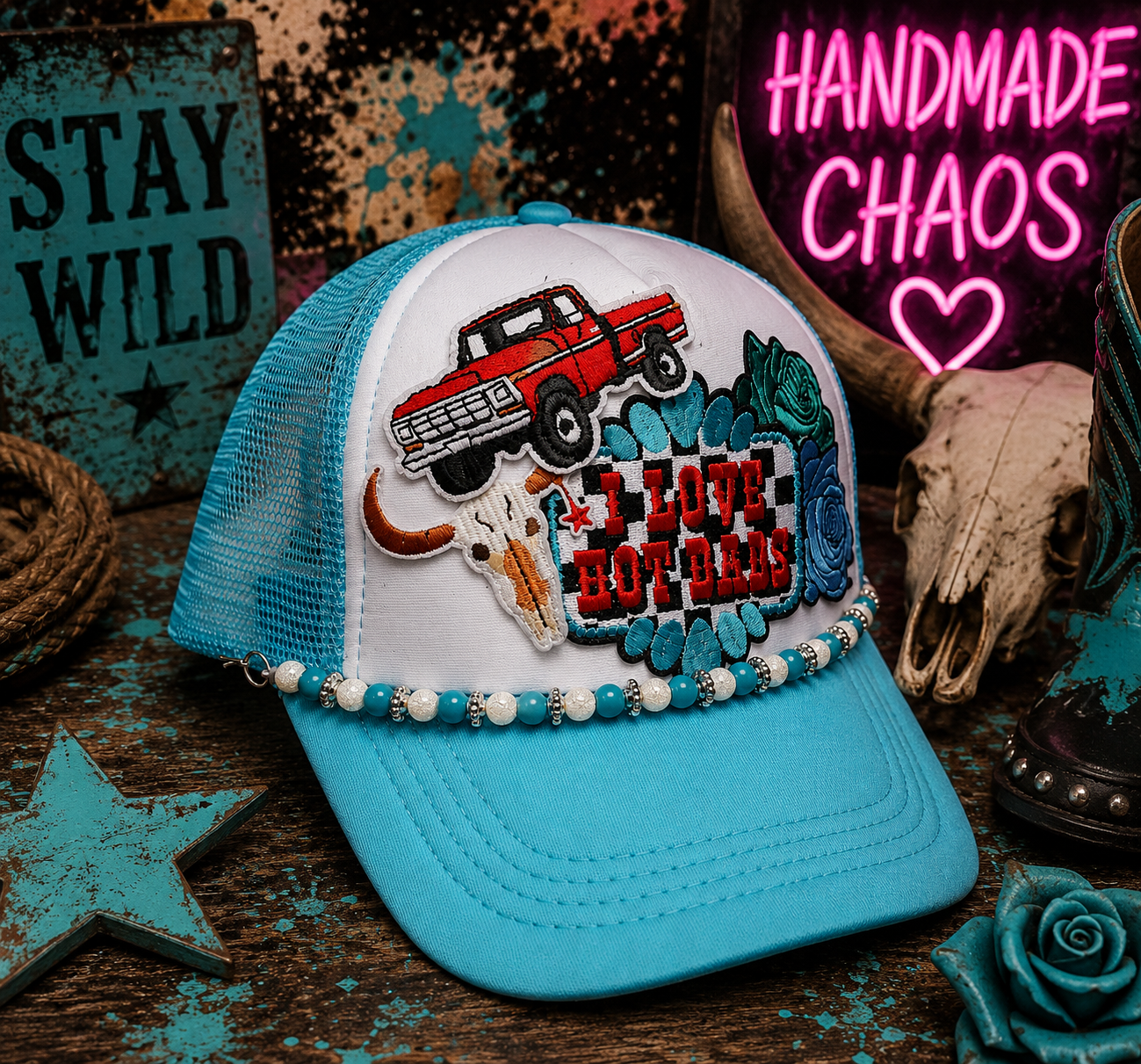 I Love Hot Dads Trucker Hat – Blue & White Western Style Snapback, Funny Patch Hat, Trendy Cowgirl Trucker Cap
