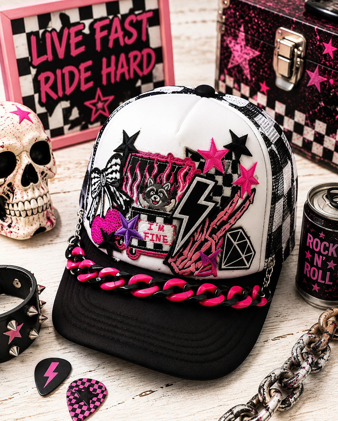I’m Fine Raccoon Trucker Hat – Black & White Checkered Snapback, Funny Emo Streetwear Cap, Gothic Grunge Alternative Hat