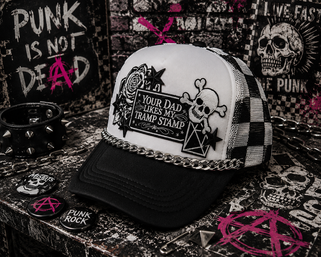 Your Dad Likes My Tramp Stamp Black and White Checkered Trucker Hat | Funny Snapback Hat | Retro Mesh Cap | Sarcastic Gift for Her