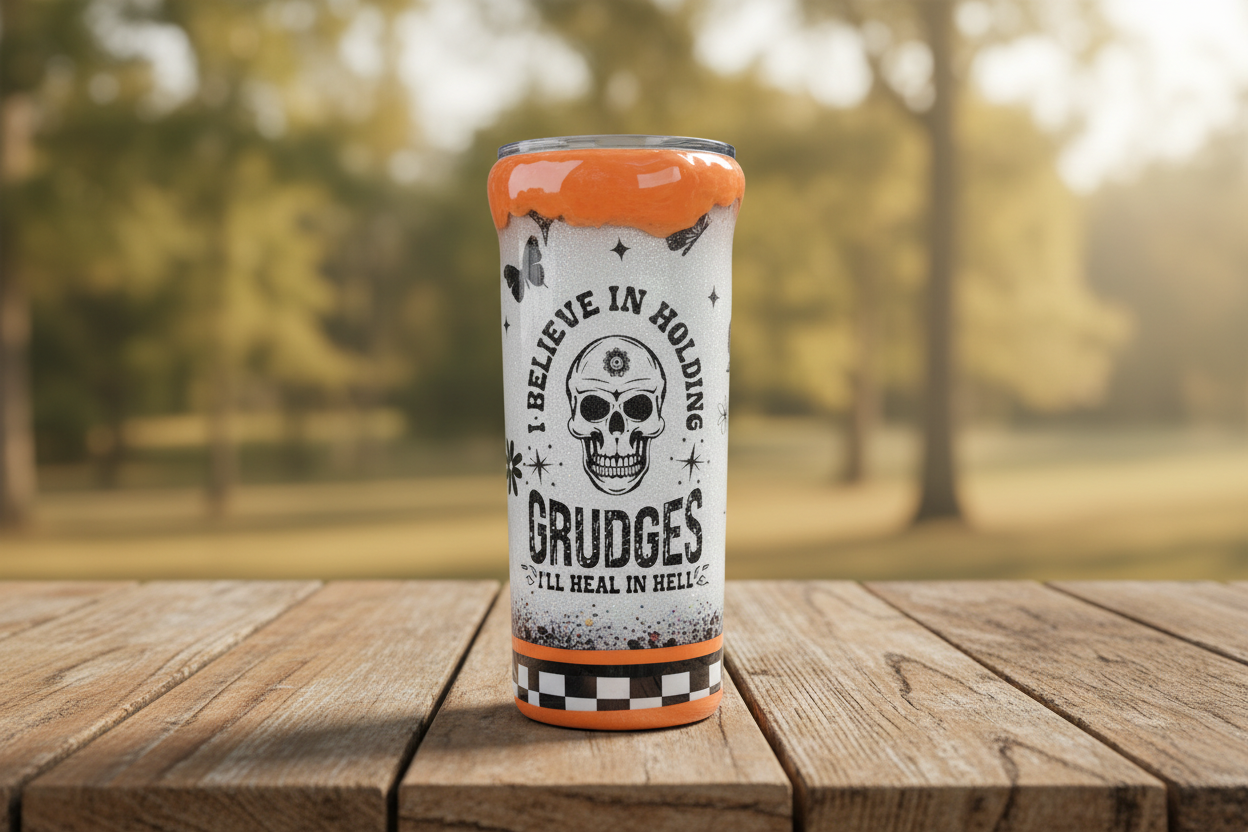 I Believe in Holding Grudges Tumbler 20oz – Heal in Hell Cup, Silver Glitter Epoxy Tumbler, Orange Drip, Funny Sarcastic Gift