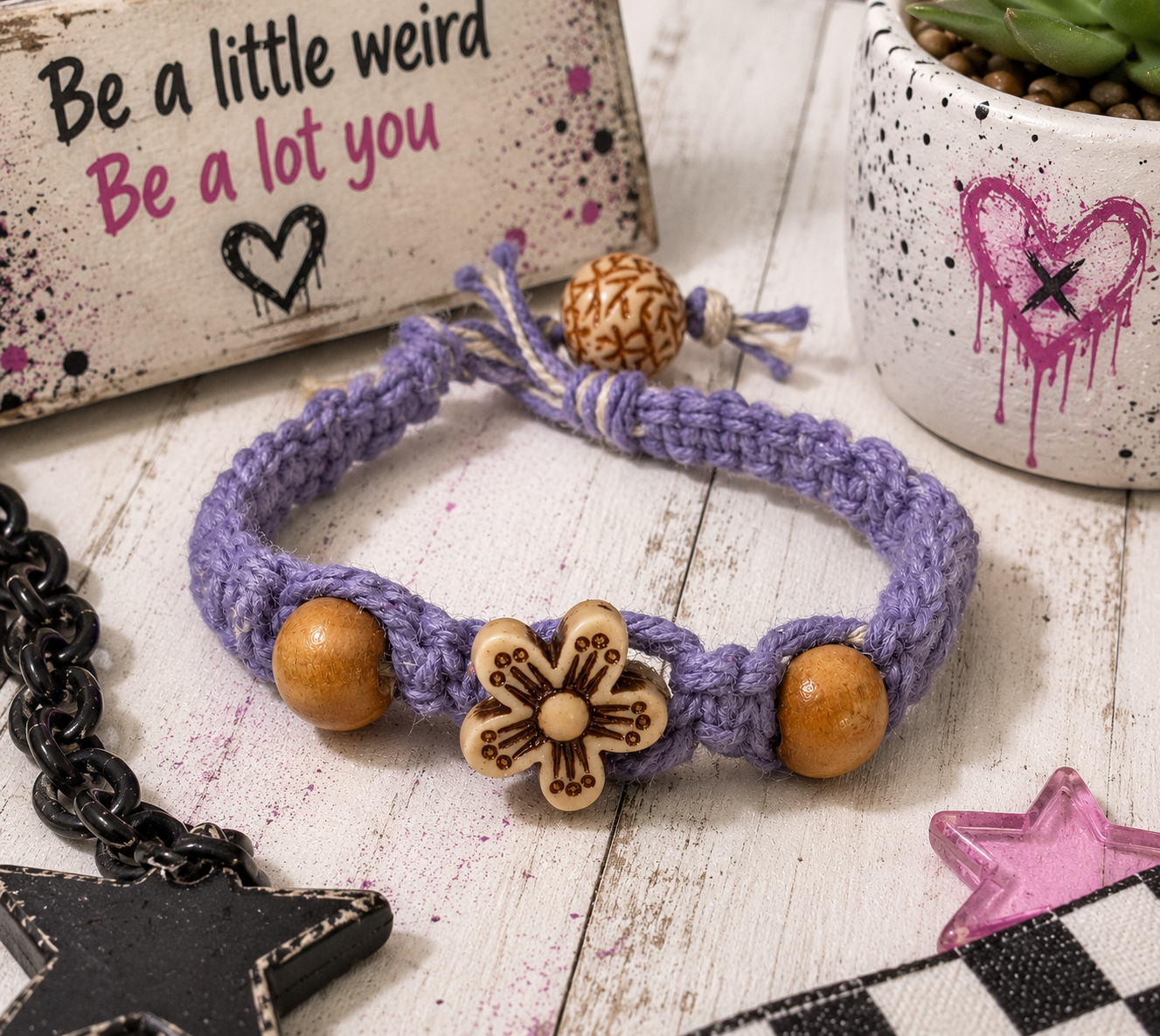 Lavender Hemp Flower Bracelet | Handmade Macrame Bracelet | Adjustable Boho Bracelet | Cotton Cord Jewelry | Hippie Gift | Everyday Bracelet