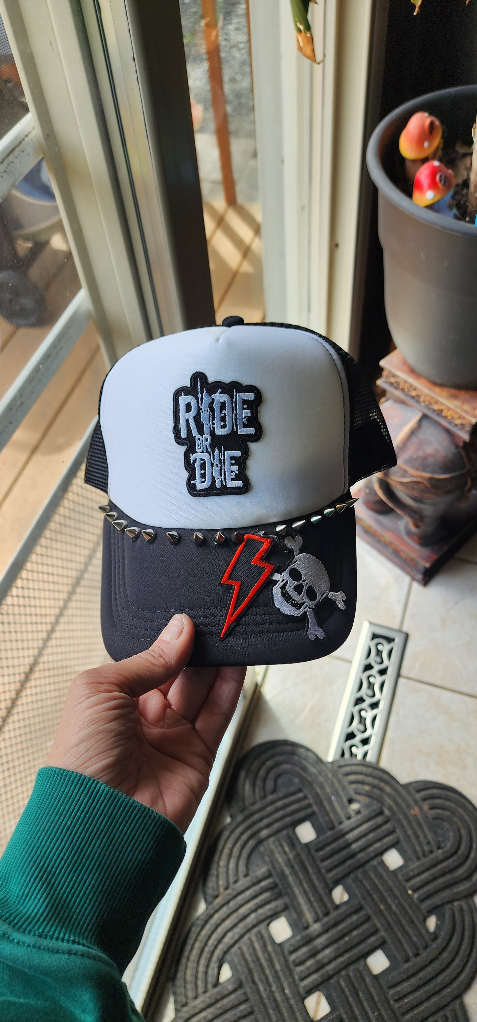 Ride or Die Trucker Hat – Black & White Studded Patch Hat, Edgy Snapback Cap, Biker Western Graphic Trucker Hat