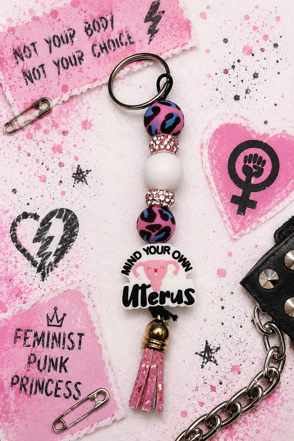 Mind Your Own Uterus Pink & White Beaded Keychain | Feminist Gift | Body Autonomy Accessory | Handmade Statement Keychain