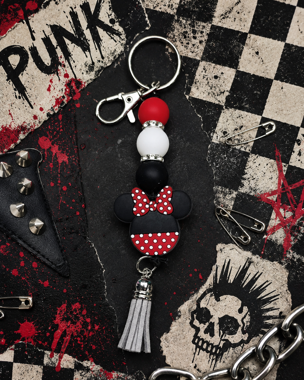 Red, Black & White Beaded Gift Set | Handmade Keychain, Pen & Sticker | Hempin Mayhem