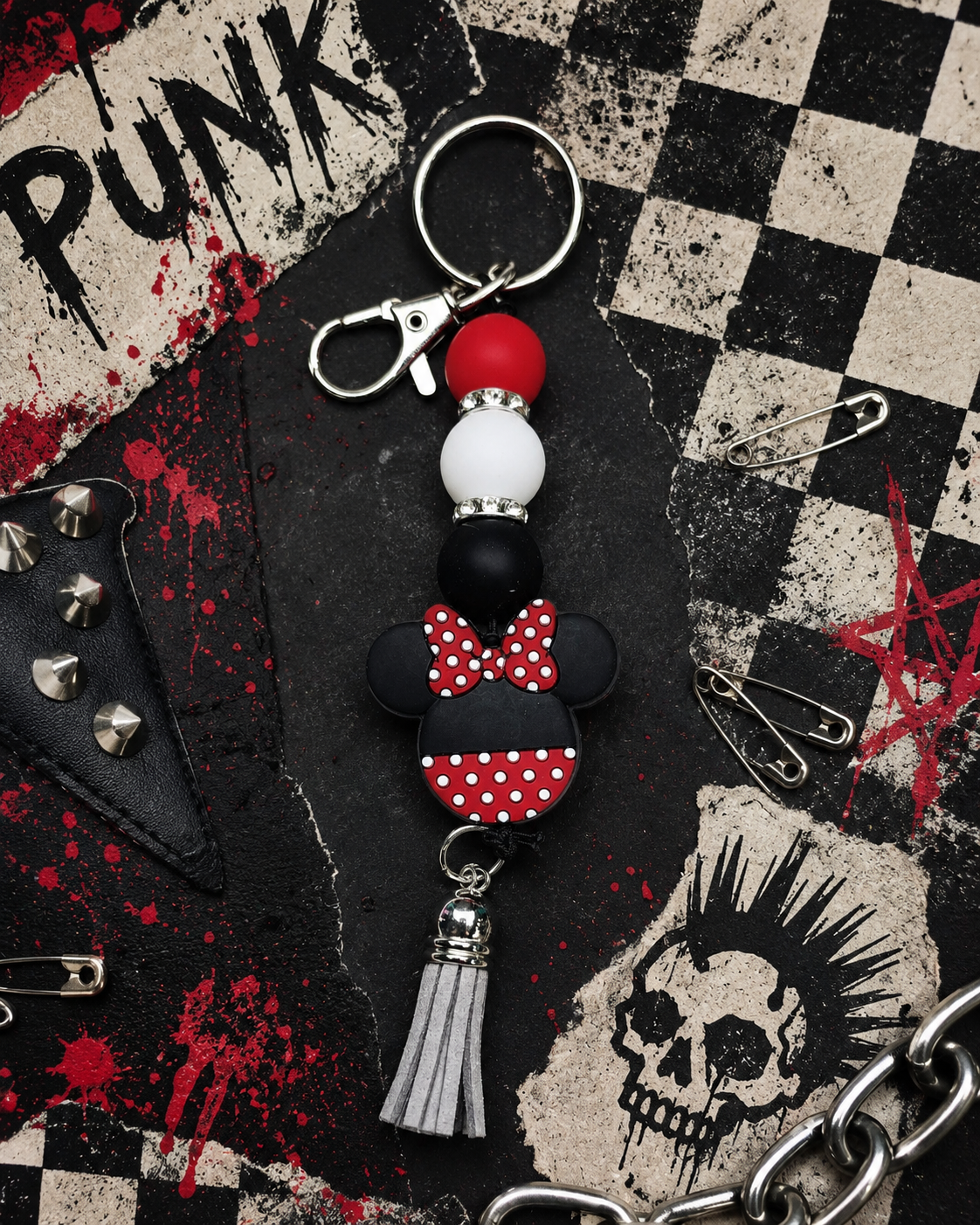 Red, Black & White Beaded Gift Set | Handmade Keychain, Pen & Sticker | Hempin Mayhem