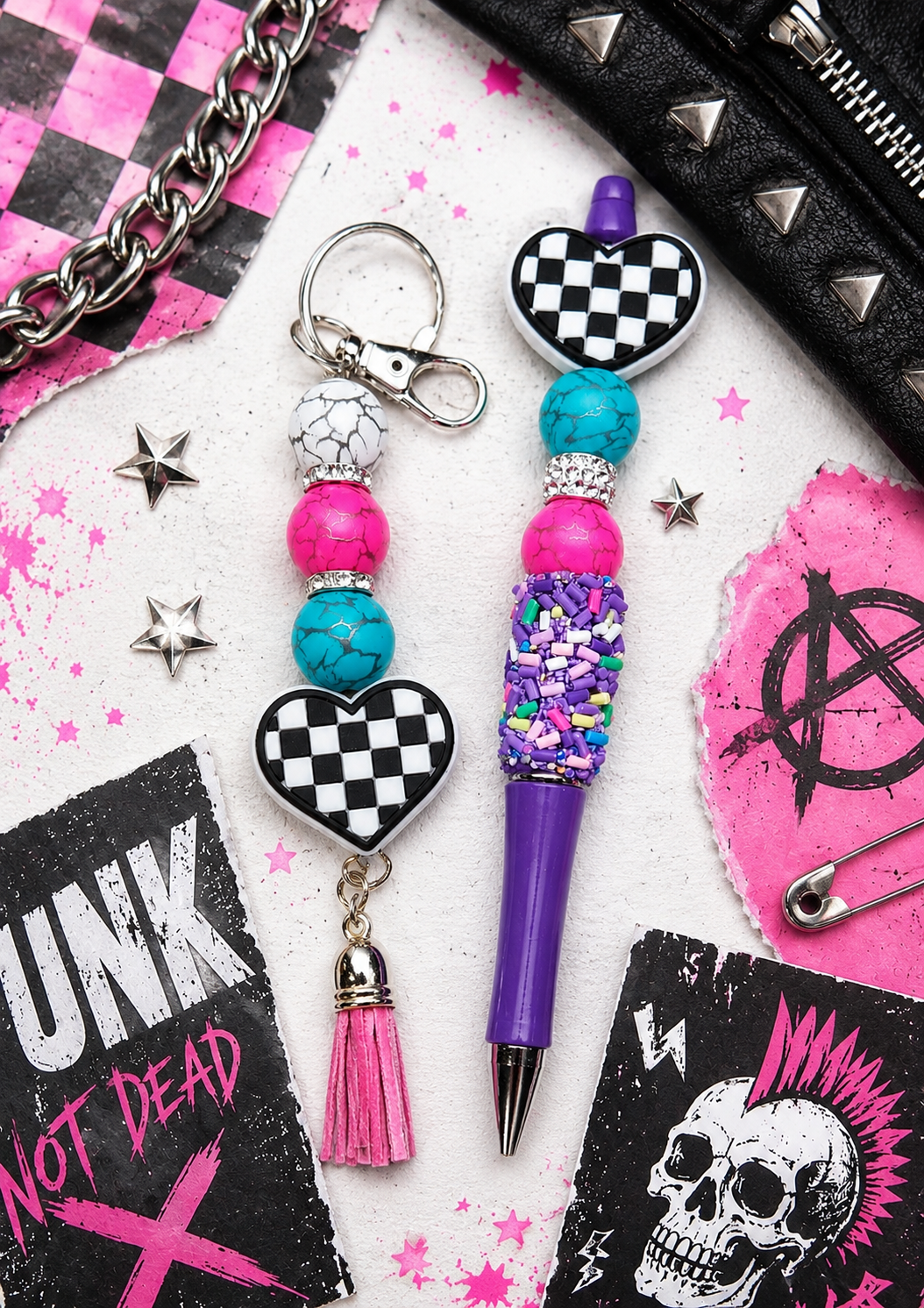 Checkered Heart Gift Set | Handmade Beaded Pen, Hemp Keychain, Vinyl Sticker Bundle | Cute Alternative Gift for Teens, Best Friend & Teacher