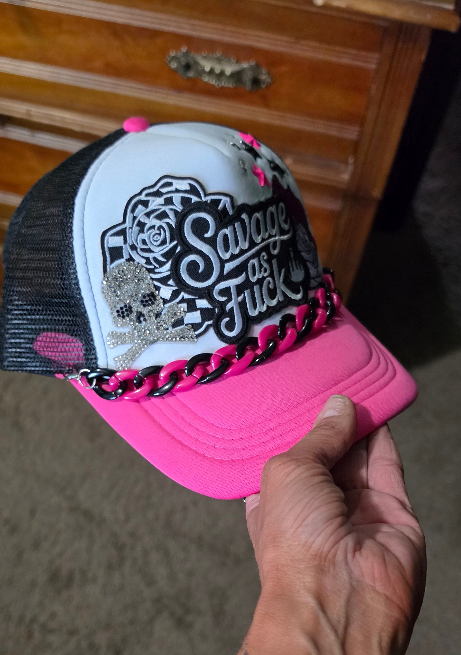 Savage As F*** Trucker Hat – Pink Black & White Snapback with Hat Chain, Sassy Patch Hat, Edgy Biker Babe Cap